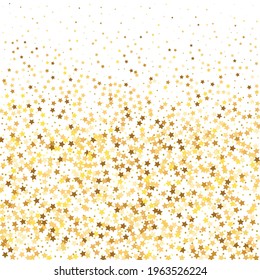 Star Sequin Confetti on White Background. Voucher Gift Card Template. Vector Gold Glitter. Falling Particles on Floor. Christmas Party Frame. Isolated Flat Birthday Card. Golden Stars Banner.