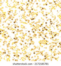 Star Sequin Confetti sobre fondo blanco. Plantilla de tarjeta regalo de cupón. Marco de fiesta de Navidad. Tarjeta de cumpleaños plana aislada. Cartel de las estrellas de oro. Glitter de oro vectorial. Cayendo partículas en el suelo.