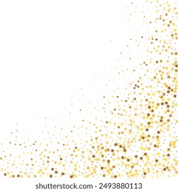 Star Sequin Confetti on White Background. Vector Gold Glitter. Falling Particles on Floor. Voucher Gift Card Template. Isolated Flat Birthday Card. Golden Stars Banner. Christmas Party Frame.