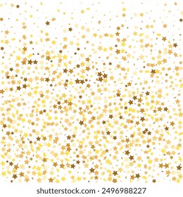 Confeti de lentejuelas de estrellas sobre fondo blanco. Plantilla de Tarjeta de regalo de cupón. Brillo de oro de Vector. Caída de partículas en el suelo. Marco de fiesta de Navidad. Tarjeta de cumpleaños plana aislada. Estrellas de Oro Anuncio.
