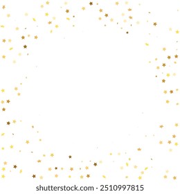 Star Sequin Confetti on White Background. Christmas Party Frame. Isolated Flat Birthday Card. Golden Stars Banner. Vector Gold Glitter. Falling Particles on Floor. Voucher Gift Card Template.