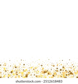 Star Sequin Confetti on White Background. Vector Gold Glitter. Falling Particles on Floor. Isolated Flat Birthday Card. Golden Stars Banner. Christmas Party Frame. Voucher Gift Card Template.