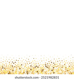 Star Sequin Confetti on White Background. Christmas Party Frame. Voucher Gift Card Template. Vector Gold Glitter. Falling Particles on Floor. Isolated Flat Birthday Card. Golden Stars Banner.