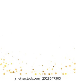 Star Sequin Confetti on White Background. Voucher Gift Card Template. Christmas Party Frame. Isolated Flat Birthday Card. Golden Stars Banner. Vector Gold Glitter. Falling Particles on Floor.