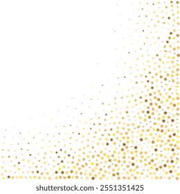 Star Sequin Confetti on White Background. Vector Gold Glitter. Falling Particles on Floor. Isolated Flat Birthday Card. Golden Stars Banner. Voucher Gift Card Template. Christmas Party Frame.