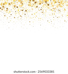 Star Sequin Confetti on White Background. Voucher Gift Card Template. Christmas Party Frame. Vector Gold Glitter. Falling Particles on Floor. Isolated Flat Birthday Card. Golden Stars Banner.