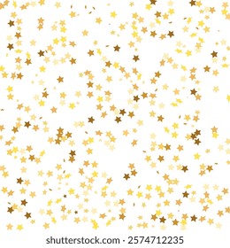 Star Sequin Confetti on White Background. Christmas Party Frame. Vector Gold Glitter. Falling Particles on Floor. Isolated Flat Birthday Card. Golden Stars Banner. Voucher Gift Card Template.