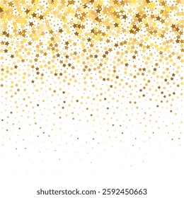 Star Sequin Confetti on White Background. Vector Gold Glitter. Falling Particles on Floor. Voucher Gift Card Template. Christmas Party Frame. Isolated Flat Birthday Card. Golden Stars Banner.