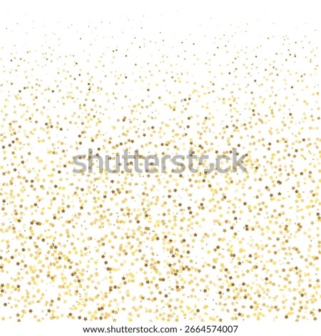 Star Sequin Confetti on White Background. Voucher Gift Card Template. Isolated Flat Birthday Card. Golden Stars Banner. Vector Gold Glitter. Falling Particles on Floor. Christmas Party Frame.