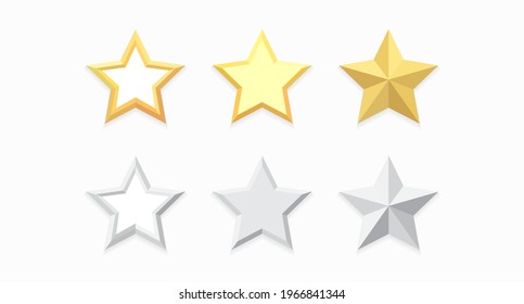 Star. Set of gold and silver stars drawn in a flat style and isolated on a light background. Vector illustration 