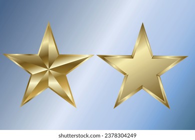 Star. Set of gold stars. Two stars in gold style isolated on a blue gradient background. Vector illustration.