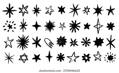 Conjunto de estrellas con textura de dibujo de crayón dibujado a mano, estrellas doodle, chispas, cometas y Formas cósmicas abstractas en estilo de tiza juguetón. Ilustración de croquis con textura. Ideal para pegatinas, impresiones