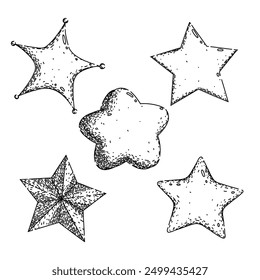 Conjunto de estrellas dibujado a mano. Brillo de luz, galaxia espacial, bosquejo de Vector de estrella de brillo universal. ilustración negra aislada