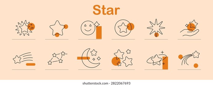 Star set icon. Radiant sparkle, geometric figure, smiling celestial, circular emblem, luminous burst, supportive gesture, flying streak, crescent constellation collection.