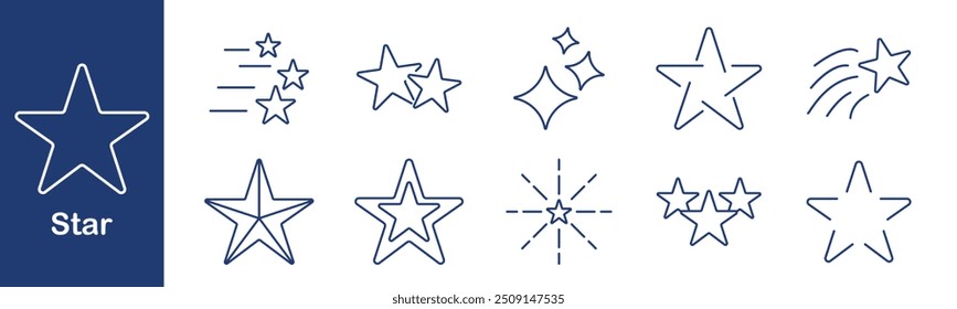 Star set icon. Shooting star, sparkle, rating, constellation, burst, shine, celestial, astronomy, glowing, symbol, achievement, award, decoration, light, recognition, cosmic