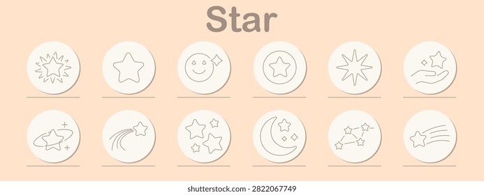 Star set icon. Smiling face, glowing sparkle, circular badge, radiant burst, magical orbit, falling comet, crescent moon, connected constellation, palm gesture collection.