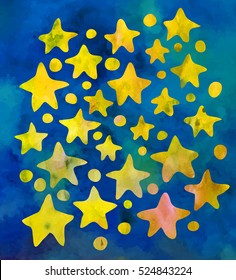 Star set on deep blue sky. Vector watercolor.