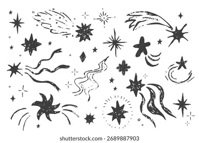 Conjunto de estrellas chispa crayón bling estrellas caídas texturizado dibujado a mano boceto. Elementos brillantes festivos del espacio de la tiza simple, luces festivas 