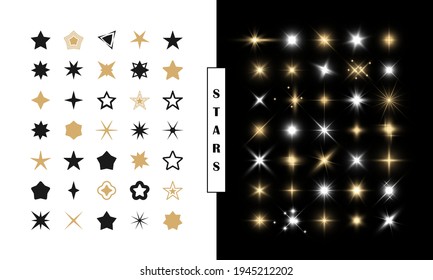 Stern. Set von Sternen Effekt Design, einfache Wohnung und helles funkelndes Symbol. Zauberpartikeleffekt. Shine-Ikone-Elemente für Feste auf weißem Hintergrund. Sternfunkellicht. Vektorgrafik.
