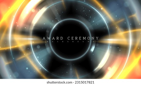 Star shape black hole with gold light ray motions around and bokeh decorations on circle beam frame. Award ceremony background concept.