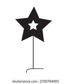 Un diseño en blanco y negro con forma de estrella, que tiene un palo. una pequeña estrella blanca. 