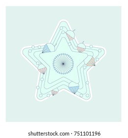 Star shape Christmas Tree Decoration on Blue Background. Christmas Holiday Minimalistic Illustration with Ornaments