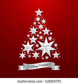 Star shape Christmas tree silver foil on blue background. Luxury Elegant Merry Christmas and happy new year Poster Template with Shining silver Snowflakes and ribbon on red background. Vector.