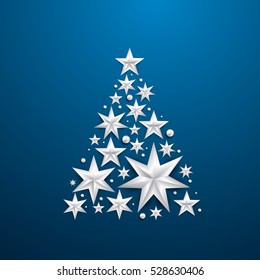 Star shape Christmas tree of silver foil on blue background. Luxury Elegant Merry Christmas and happy new year Poster Template with Shining silver Snowflakes and ribbon on blue background. Vector.