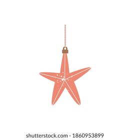 Star shape Christmas tree toy decoration element, flat cartoon vector illustration isolated on white background. Cute vintage decor for New Year and Xmas holidays.