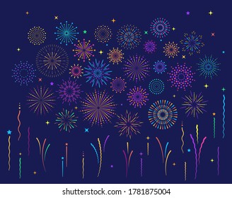 Star shape colorful fireworks explosion pattern set. Flat composition of firework pattern collection isolated on blue background with rays and trails. Celebrate carnival shine decoration