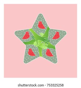 Star Shape Decoration on pink background. Christmas Holiday Minimalistic Illustration with Ornaments and Circles. Fun vector for celebration, pattern, gift, poster