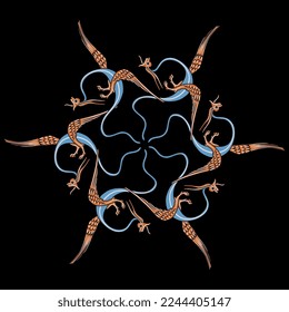 Star shape design with medieval dragons. Illuminated manuscript style. Isolated vector illustration. On black background.