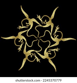Star shape design with medieval dragons. Illuminated manuscript style. Golden glossy silhouettes with white pearl eyes on black background.