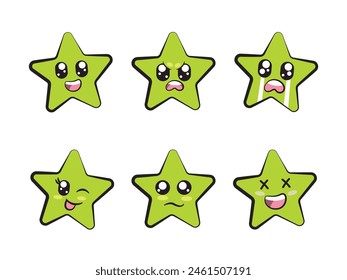 star shape with expression smile angry crying wink eye sadness and laughing mood feeling green color 