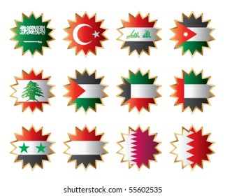 Star shape flags - Middle East Asia. Vector set, each flag in separated layer with country name.