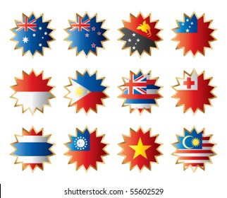 Star shape flags - Oceania & Southeastern Asia. Vector set, each flag in separated layer with country name.