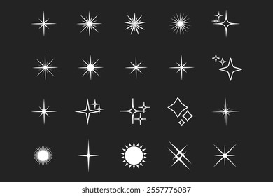 Star shape flash silhouette set, Collection of twinkling stars and sun rays decorative symbols for design. Vector icons y2k style basic shapes geometric graphic elements.