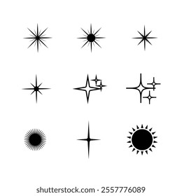 Star shape flash silhouette set, Collection of twinkling stars and sun rays decorative symbols for design. Vector icons y2k style basic shapes geometric graphic elements.