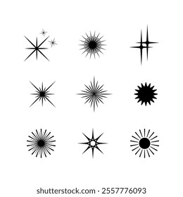 Star shape flash silhouette set, Collection of twinkling stars and sun rays decorative symbols for design. Vector icons y2k style basic shapes geometric graphic elements.