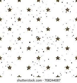 Star shape glitter gold, black and white seamless vector pattern. Simple geometric repeating background decor.