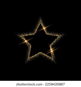 Marco dorado de forma estrella hecho de brillantes con ilustración vectorial de efecto luminoso brillante. Resumen del borde dorado del polvo de metal de lujo para portal de remolinos, premio real decorativo sobre fondo negro.