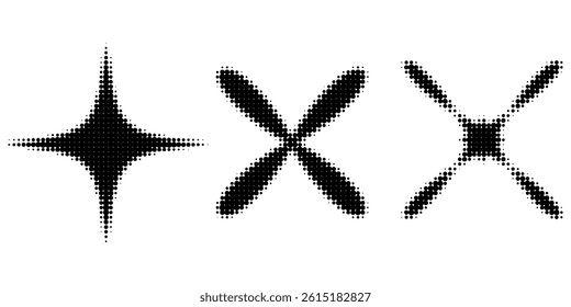 Star shape halftone gradient spots set. Abstract geometric star spotted elements. Pop art decorative backdrop
