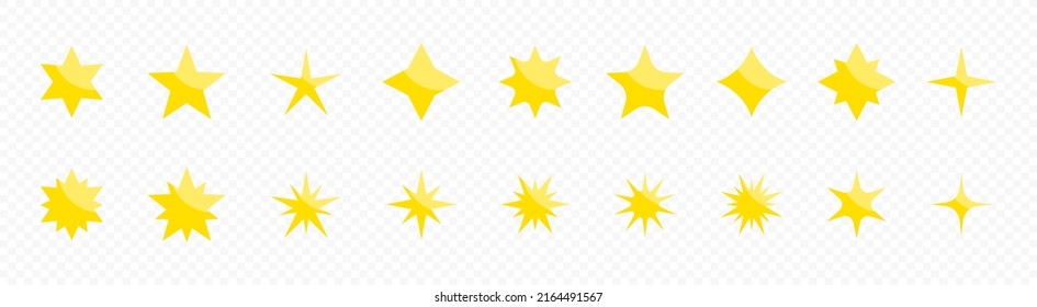 Star shape icons. Yellow stars. Star icons collection. Star isolated on transparent background.  Sparcle icons. Starburst icons. Isolated vector graphic EPS 10