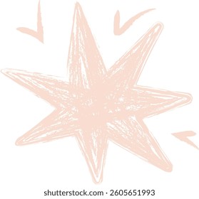 A star shape with jagged edges drawn in a crayon style. The textured appearance resembles a hand-drawn effect with uneven lines. Cartoon vector illustration.