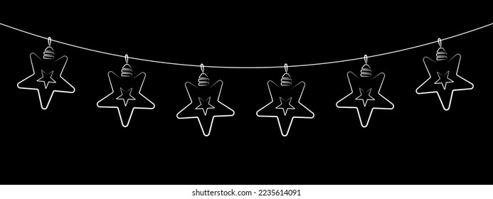 star shape light bulb garland, white outline vector decoration, string hanging lights, holiday light for wedding or birthday cards, new year banners, party posters, christmas window or wall decoration