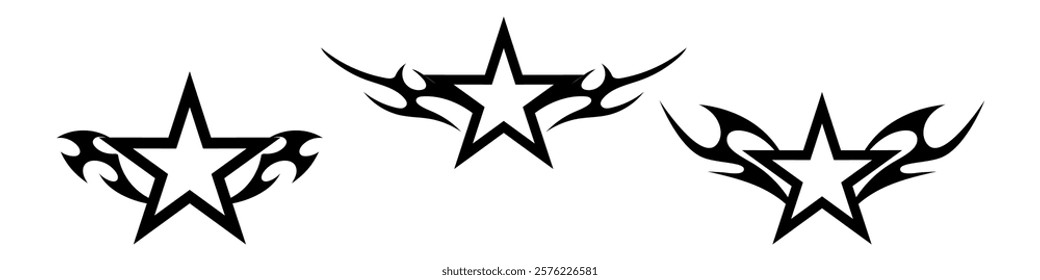 Star Shape with Neo tribal y2k gothic style tattoo Cyber sigilism spikes and sparks for streetwear print designs, spiky y2k aesthetic vector set