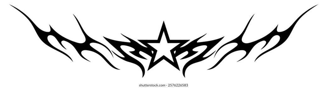 Star Shape with Neo tribal y2k gothic style tattoo Cyber sigilism spikes and sparks for streetwear print designs, spiky y2k aesthetic vector set