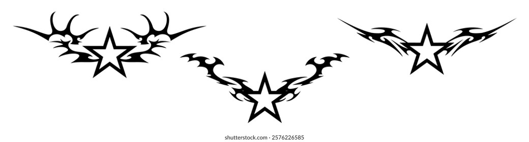 Star Shape with Neo tribal y2k gothic style tattoo Cyber sigilism spikes and sparks for streetwear print designs, spiky y2k aesthetic vector set