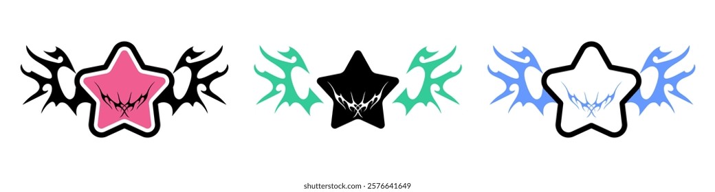 Star Shape with Neo tribal y2k gothic style tattoo Cyber sigilism spikes and sparks for streetwear print designs, spiky y2k aesthetic vector set