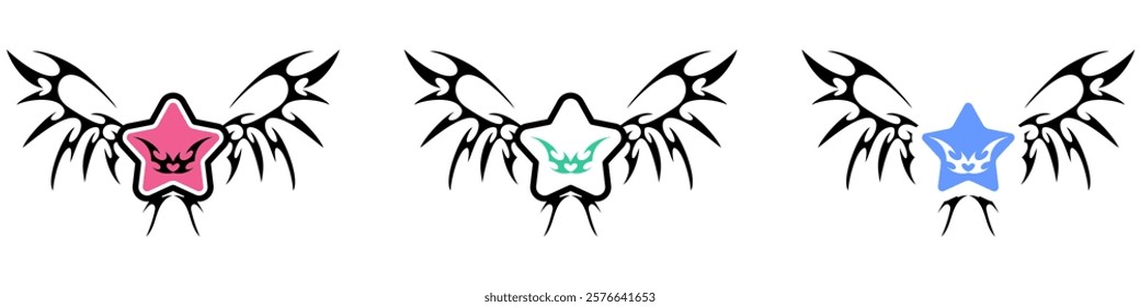 Star Shape with Neo tribal y2k gothic style tattoo Cyber sigilism spikes and sparks for streetwear print designs, spiky y2k aesthetic vector set